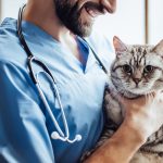 Male doctor veterinarian with stethoscope is holding cute grey cat